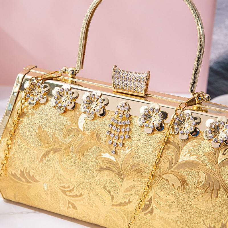 24*13*9cm / Golden Womens Rhinestone Hand Bags Clutch Bridal Purse With Pearls Beads Pearl Evening Bag