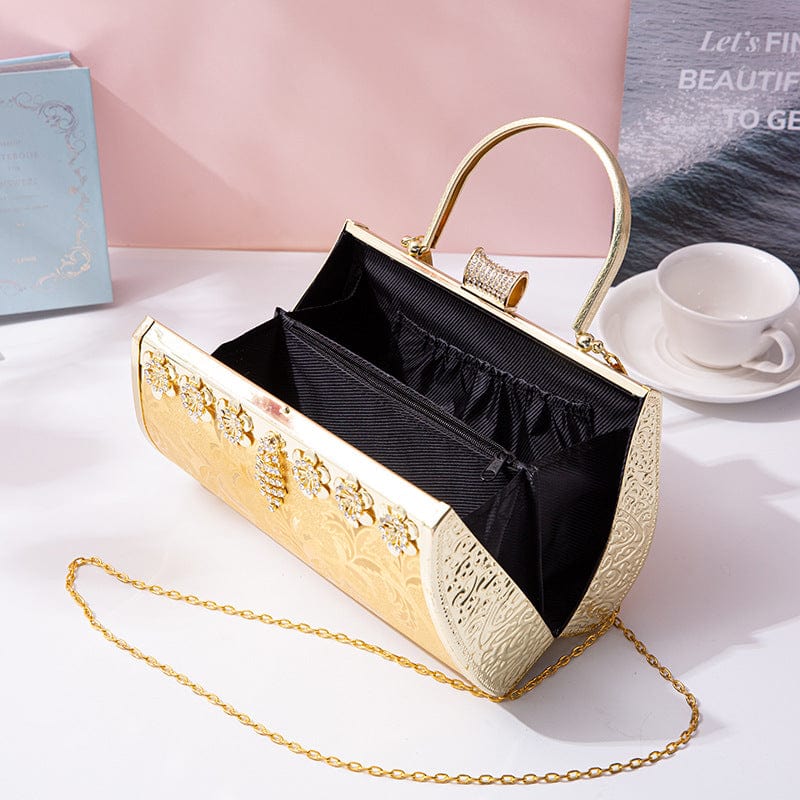 24*13*9cm / Golden Womens Rhinestone Hand Bags Clutch Bridal Purse With Pearls Beads Pearl Evening Bag