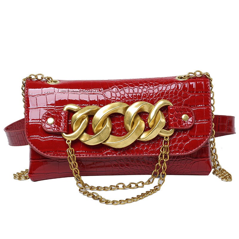 24*13cm / Red 2022 Fashionable Waist Fanny Purse Cuban Chain Shoulder Bags Multicolored Silver/gold/blue/red Chain Shoulder Bags For Girls