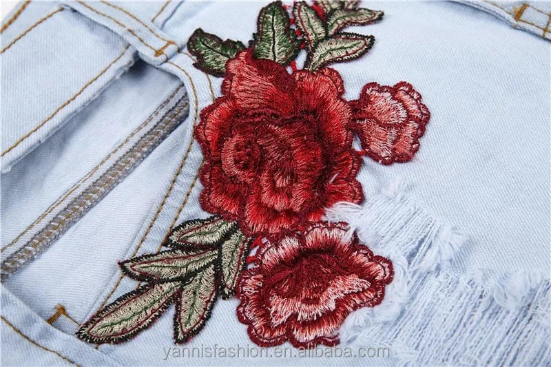 24-30 Sizes Summer Women's Flowers Embroidered Holes Short Washed High Waisted Denim Shorts E823