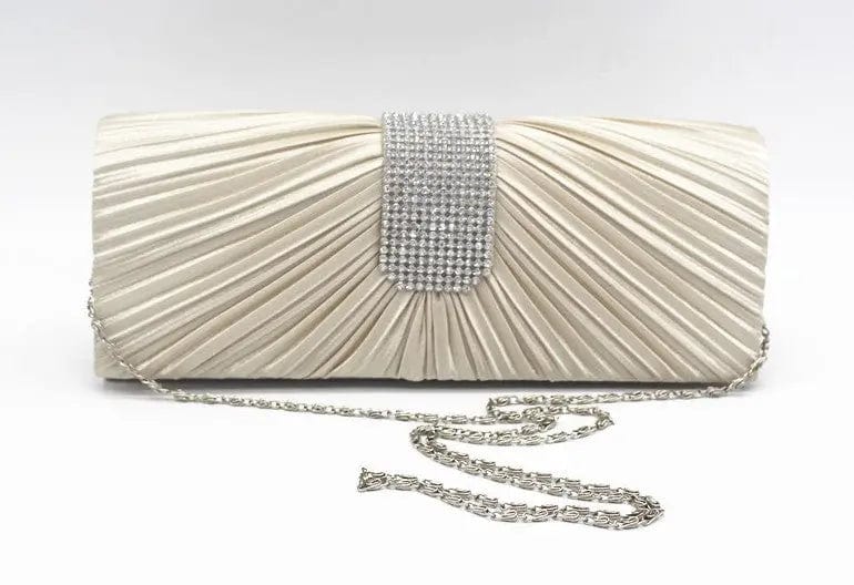 24*6*12cm / Beige New European And American Fashion Pleated Diamond Ladies Banquet Bag Shoulder Clutch Dinner Evening Bag