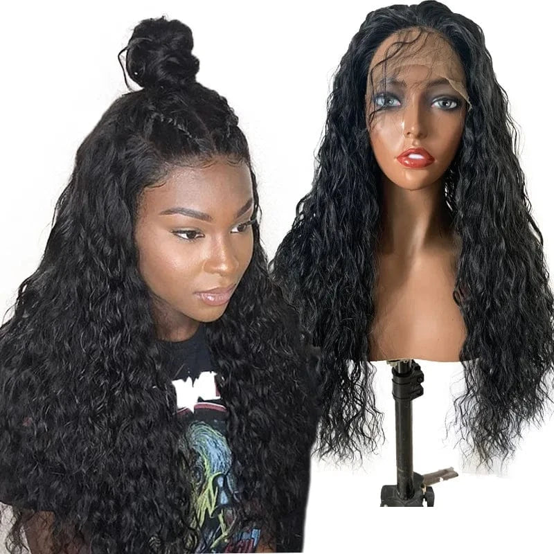 24 Inches / Black Kinky curly water wave lace frontal wigs real cheap human hair,quality lace wig human hair with 13*4 lace