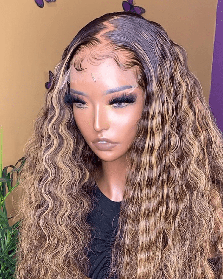 24 Inches / Color 3 Bleached Knots Wet Curly Brown Highlight Color Full Cuticle Aligned Human Hair HD Lace Front Wigs With Baby Hair