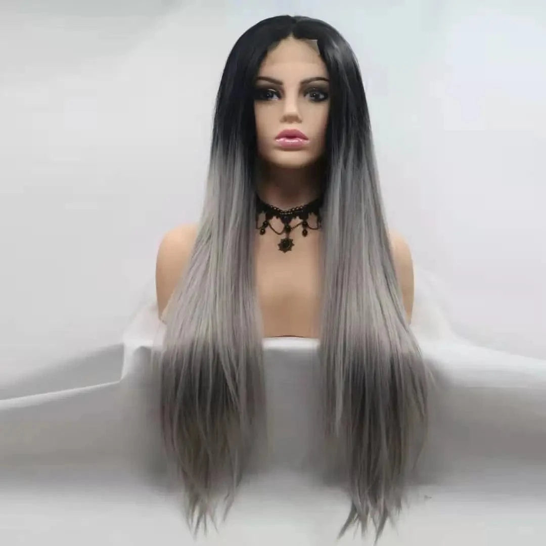 24 Inches / Gray Hot Sale Long Straight Hair Extension Wigs Ombre Heat Resistant Full Cheap Woman Synthetic Hair Wig With Lace Front