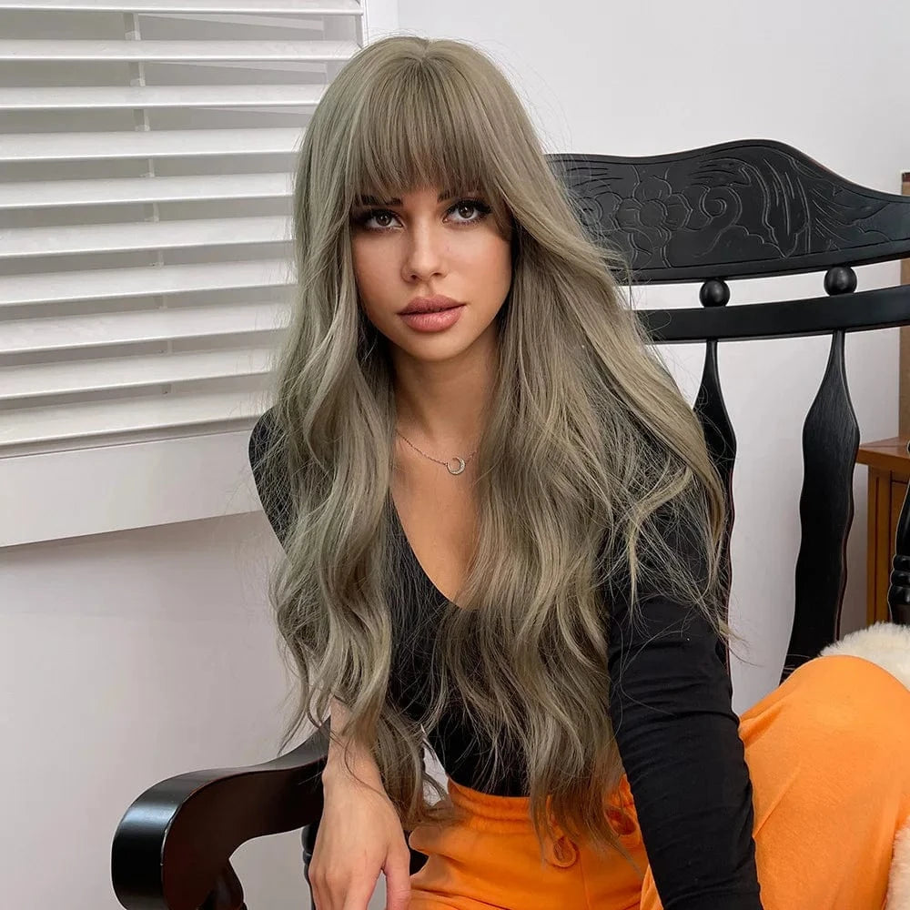 24 Inches / green SARLA Whole Sale High Temperature Fiber Wigs Customized Color Cheap Ladies Synthetic Long Body Wave Wigs With Bangs For Women