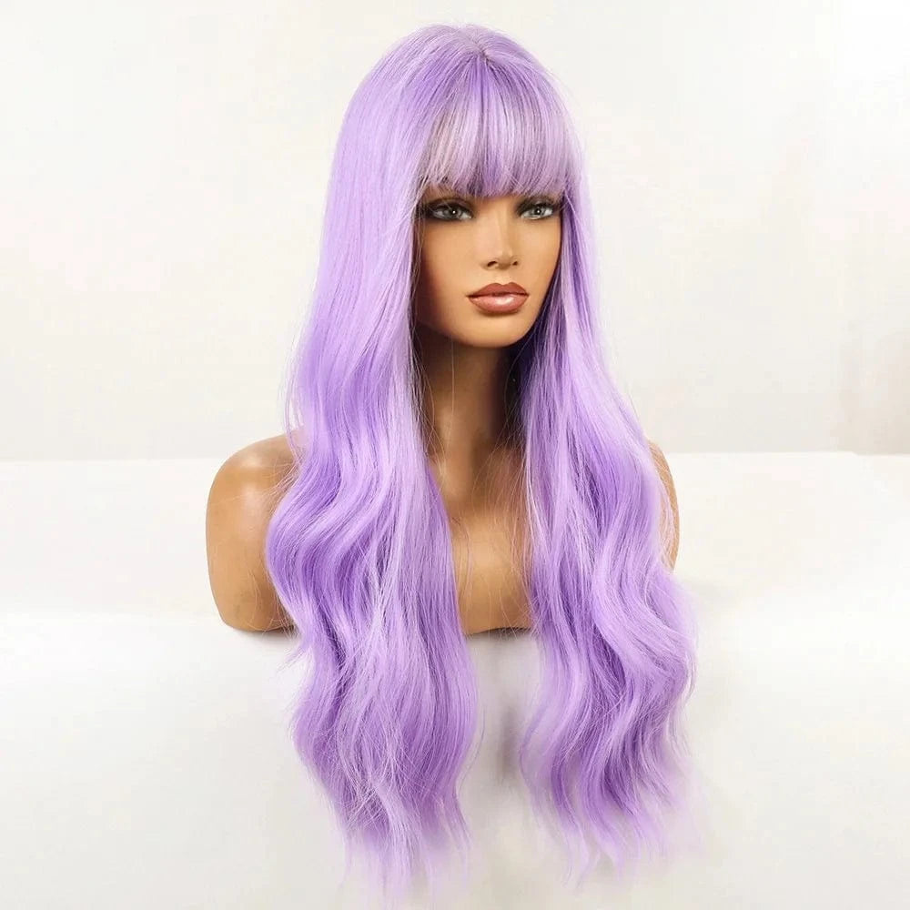 24 Inches / Light Purple SARLA Whole Sale High Temperature Fiber Wigs Customized Color Cheap Ladies Synthetic Long Body Wave Wigs With Bangs For Women