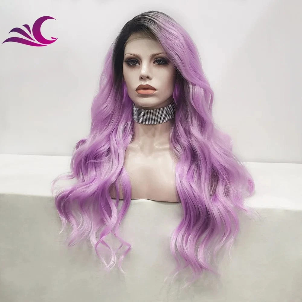 24 Inches / N15 U T1 2403 Celebrity Lilac Purple Dark Root 1b Ombre Pre-Plucked Futura Heat Resistant Fiber Synthetic Lace Front Wigs for Daily