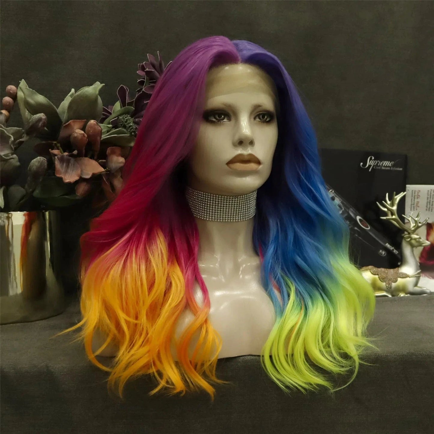 24 Inches / NH11-Dazzling-GL Celebrity Wig New Designed ombre dyed orange blue half color Daily life Wearing futura Henlon fiber Synthetic Lace front Wigs