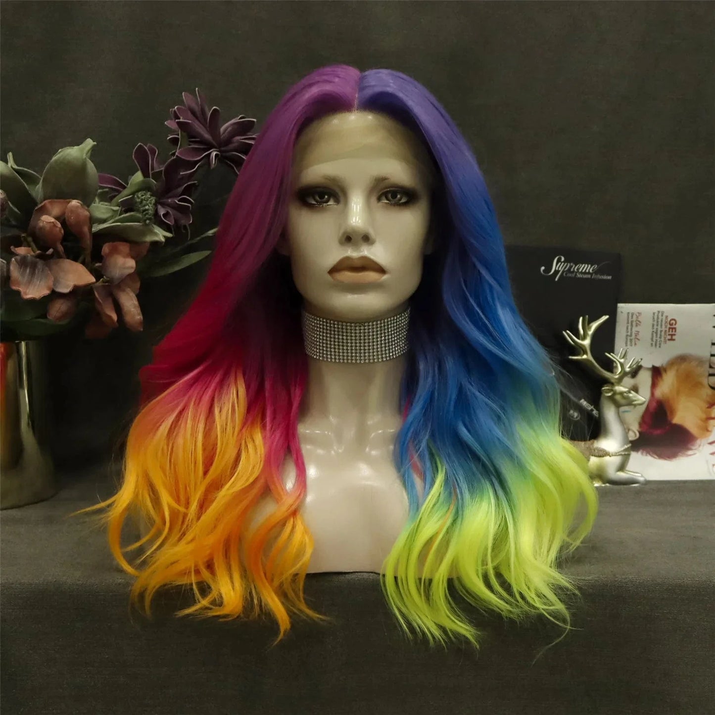 24 Inches / NH11-Dazzling-GL Celebrity Wig New Designed ombre dyed orange blue half color Daily life Wearing futura Henlon fiber Synthetic Lace front Wigs