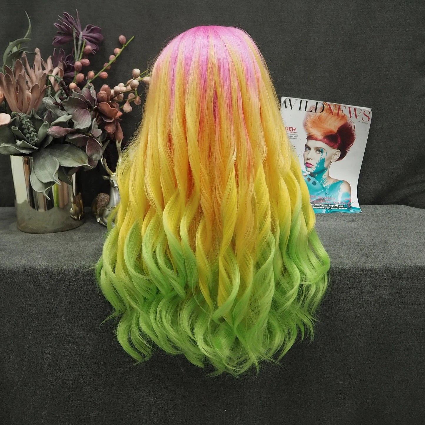 24 Inches / NQ6-C211-raise Celebrity Wig Ombre color Premium Hiperlon Fiber Wigs Pink Orange Ombre Synthetic Lace Front Wigs For cosplay