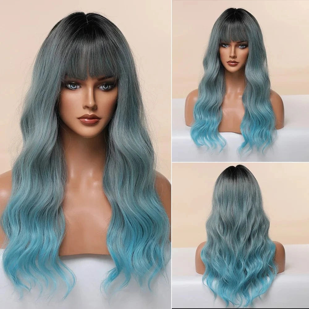 24 Inches / Ombre Blue SARLA Whole Sale High Temperature Fiber Wigs Customized Color Cheap Ladies Synthetic Long Body Wave Wigs With Bangs For Women