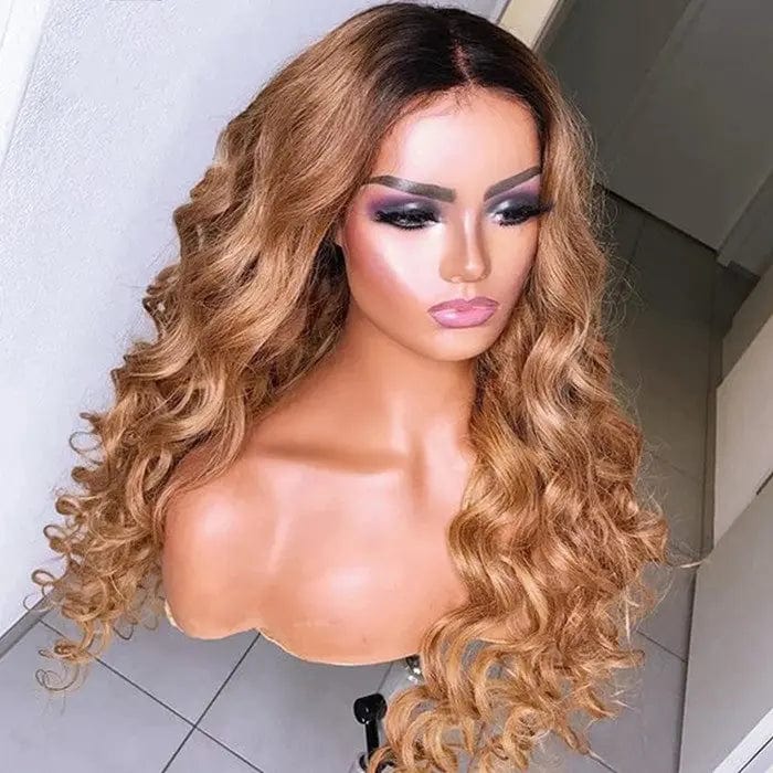 24 Inches / Ombre Brown Color Ombre Brown Color Loose Wave Long Brazilian Middle Part Human Hair Wig Density 130%150%180% 13*6 Lace Front Wig