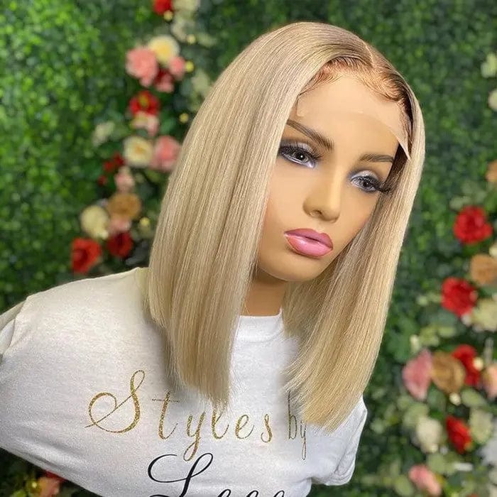 24 Inches / # Ombre Color Ombre Ash Color Silky Straight Middle Part Pre-Plucked Short Bob Hair Transparent 13*4 Lace Front Wig