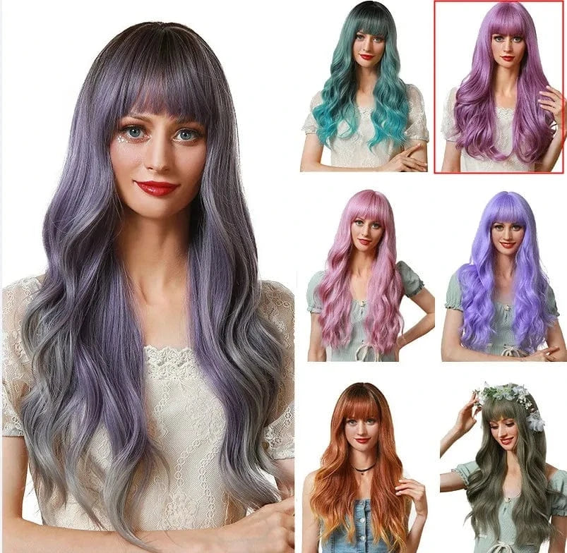 24 Inches / Purple SARLA Whole Sale High Temperature Fiber Wigs Customized Color Cheap Ladies Synthetic Long Body Wave Wigs With Bangs For Women