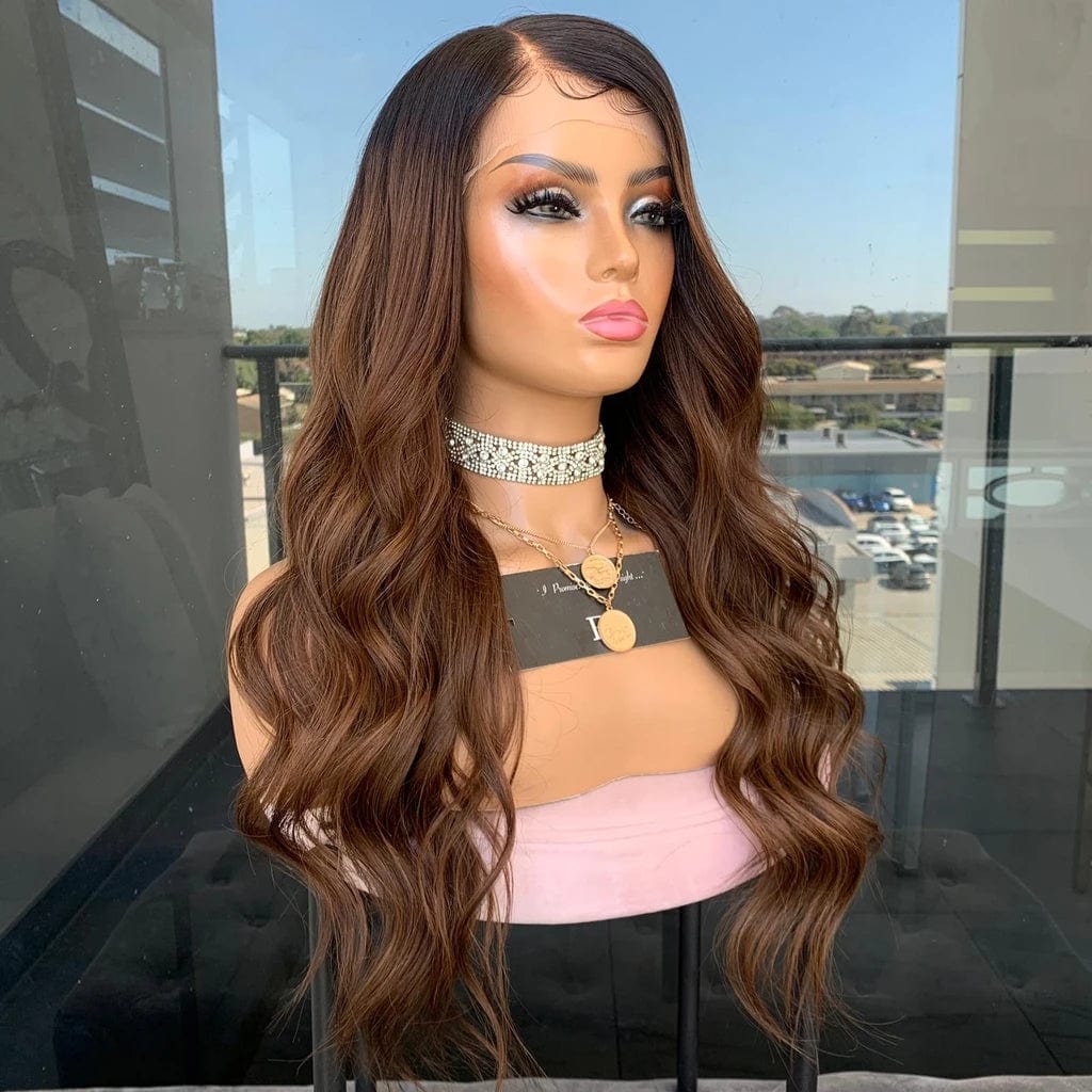 24 Inches / Style#4 Invisible Knots Brazilian Human Hair Light Golden Brown Ombre Color Ocean Wave Cuticle Aligned 4X4 Closure Wig