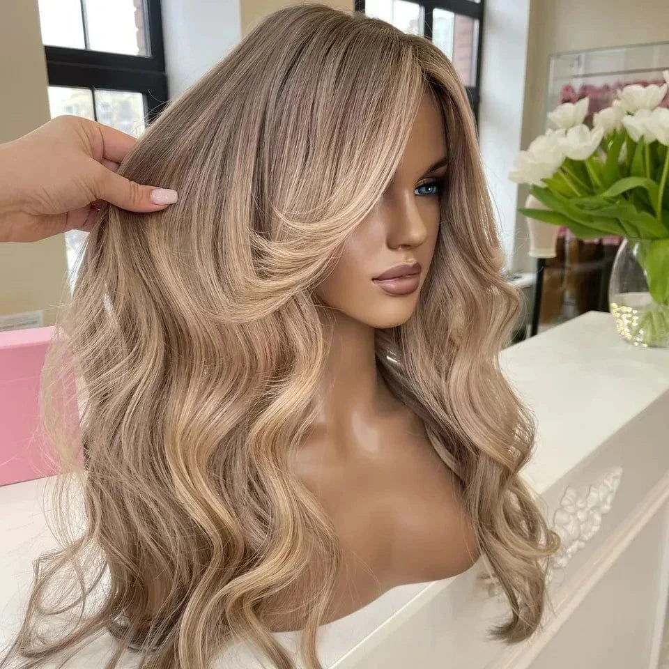 24 Inches / Wig 6 Glueless 250% Density Ash Brown Highlight Body Wave Full Virgin European Cuticle Hair Transparent HD Lace Front Wigs
