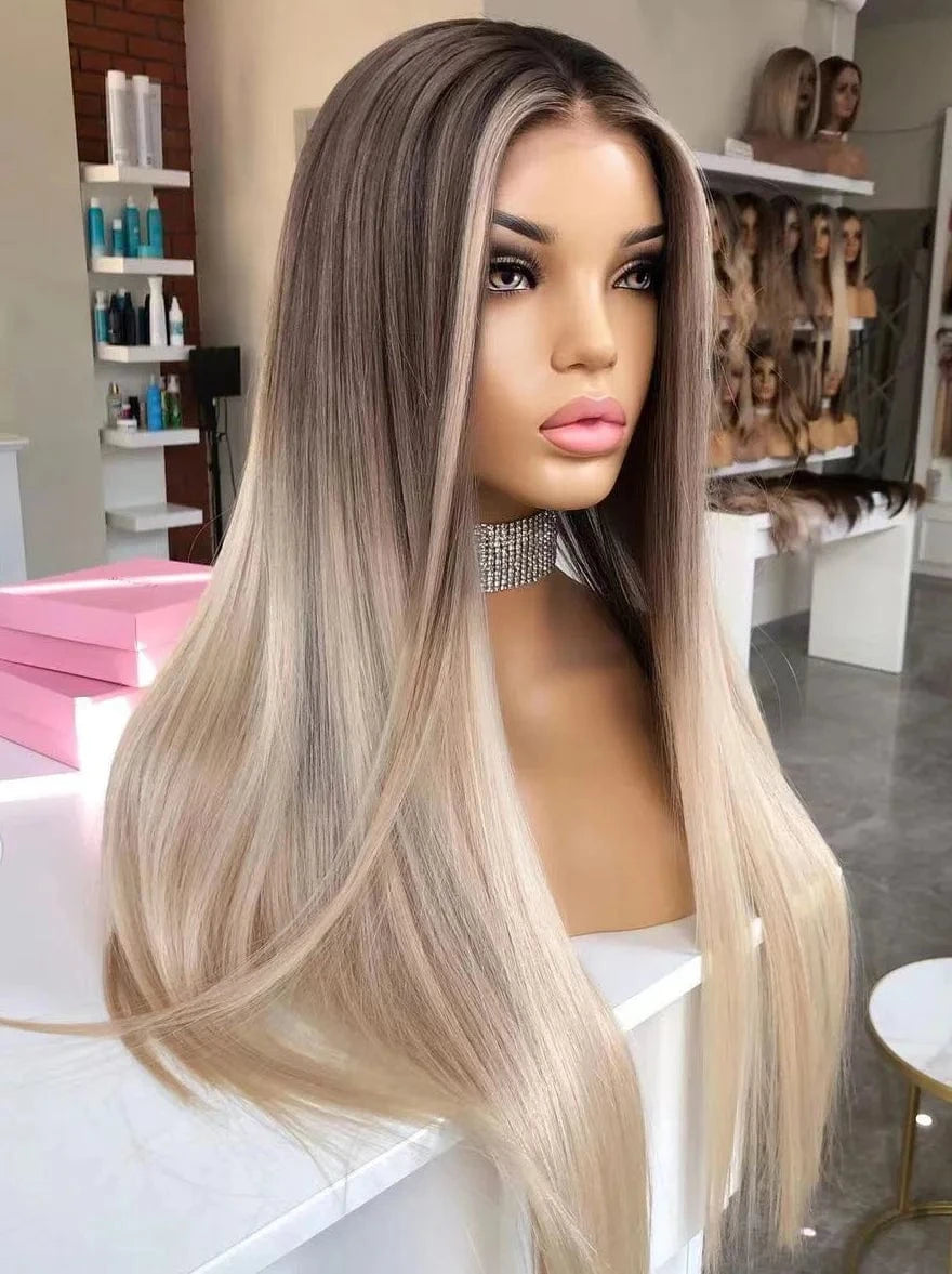 24 Inches / Wig 9 Long 55 60 65 cm 150% Density Clip In Ash Blonde Highlight Color Straight Kosher Raw Cuticle Aligned Human Hair Lace Front Wigs