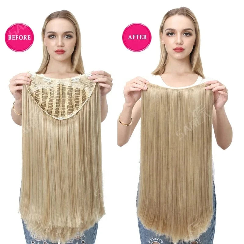 24" Long Kinky Straight Synthetic Colorful Hair Extensions Wigs Natural U Part Clip In Wig Half Up Half Down Upart U Part Wigs