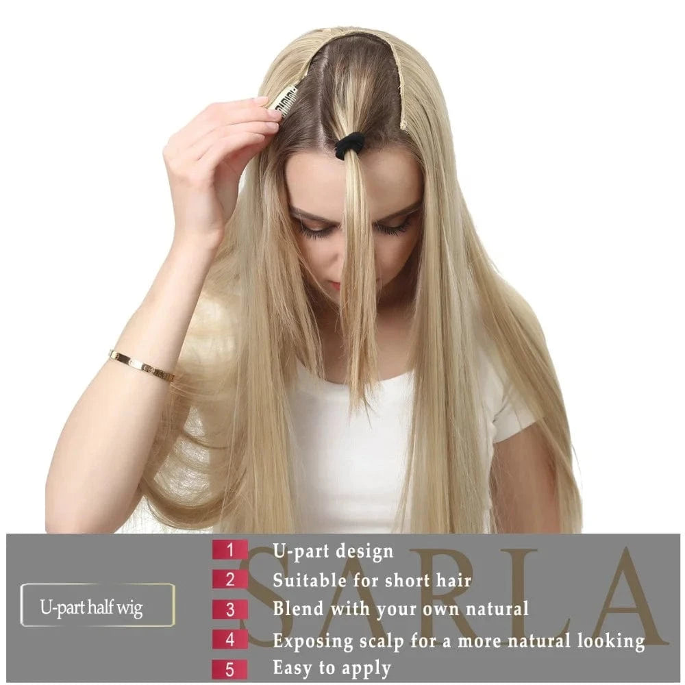 24" Long Kinky Straight Synthetic Colorful Hair Extensions Wigs Natural U Part Clip In Wig Half Up Half Down Upart U Part Wigs