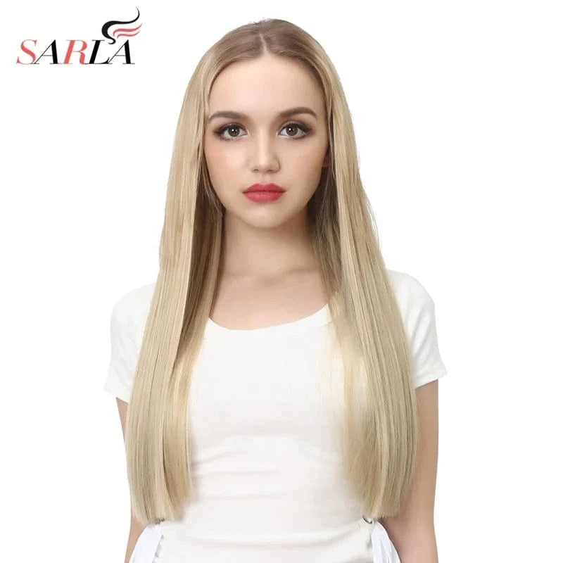 24" Long Kinky Straight Synthetic Colorful Hair Extensions Wigs Natural U Part Clip In Wig Half Up Half Down Upart U Part Wigs