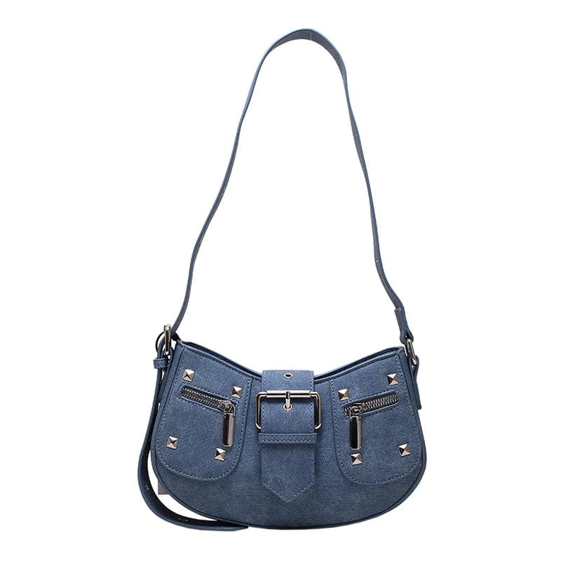 25.5x7x15cm / 29803 Blue New Vintage Jeans Denim Rivets Half Moon Bag Luxury Brandy Women's Cowboy Shoulder Underarm Bag Y2K Cool Girls Crescent Handbag