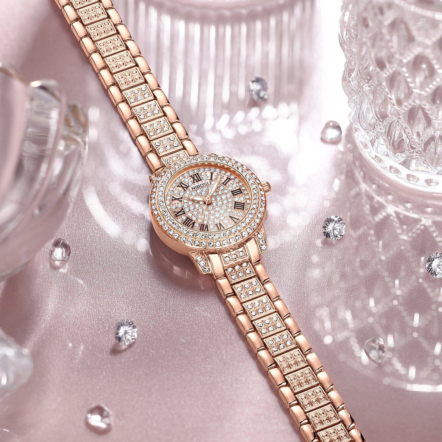 2552 / Rose gold NIBOSI 2552 Luxury Roman numeral Full of Diamonds Ladies Quartz Watch Women Wristwatches