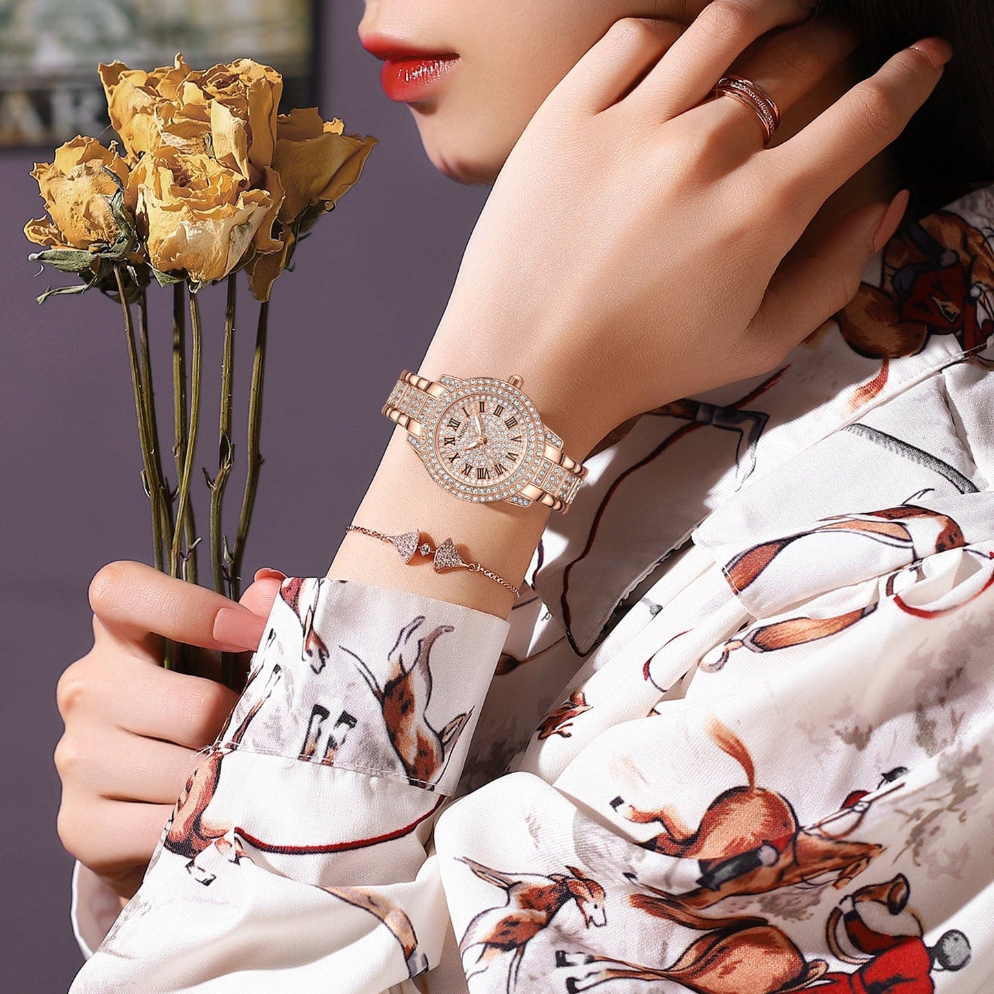 2552 / Rose gold NIBOSI 2552 Luxury Roman numeral Full of Diamonds Ladies Quartz Watch Women Wristwatches