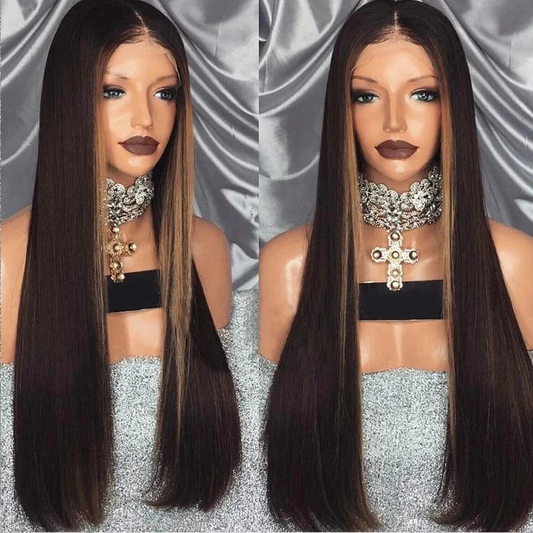 26 Inches / 2 27 streak color Brown Hair with Blond Highlight Wig, 100% Malaysian Human Hair Silk Top Full Lace Wigs