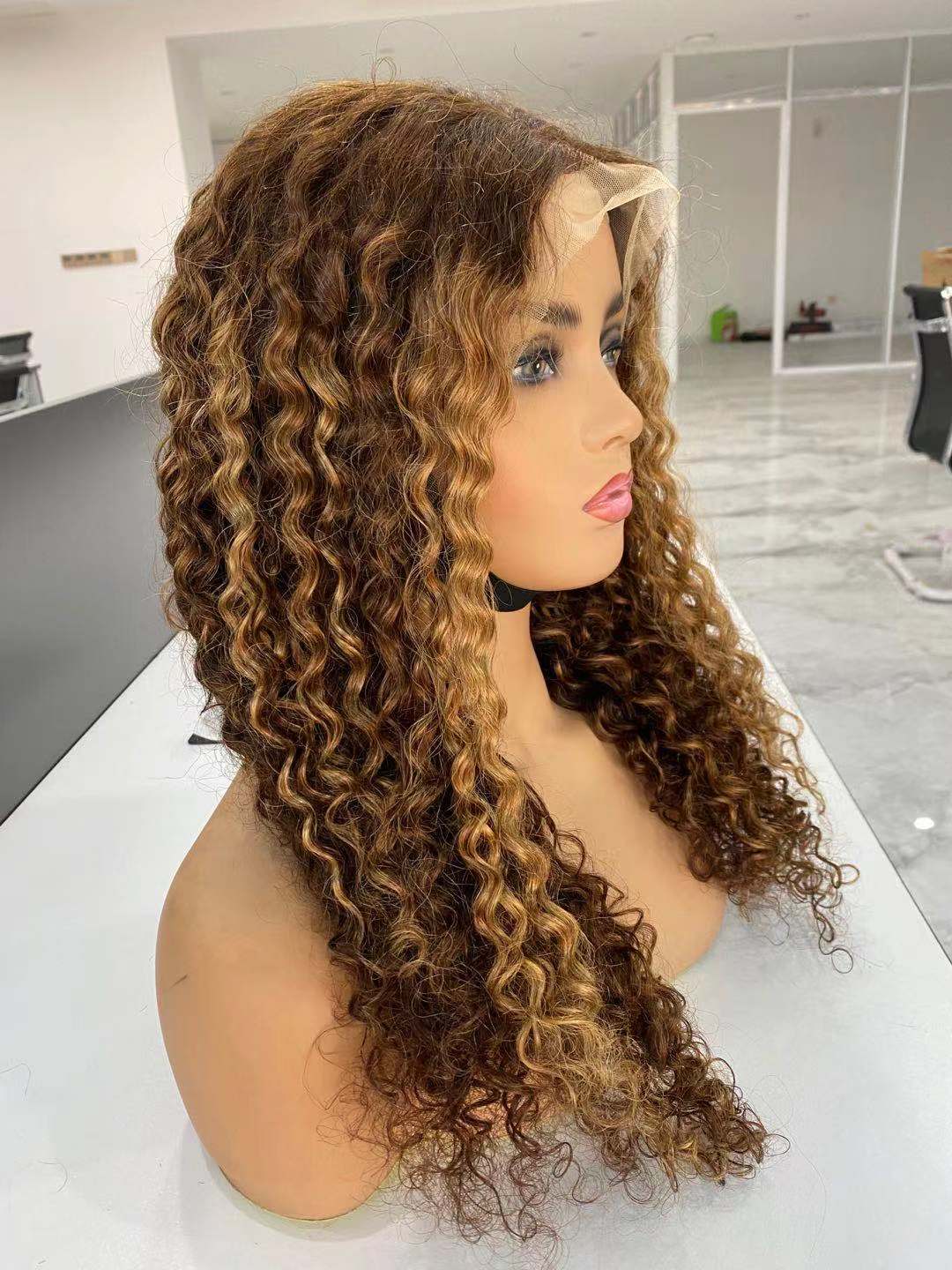 26 Inches / 4*4 Closure Wig Brazilian Highlight Honey Blonde Pre-plucked Virgin Human Hair Deep Wave Lace Frontal Wigs For White and Black Women