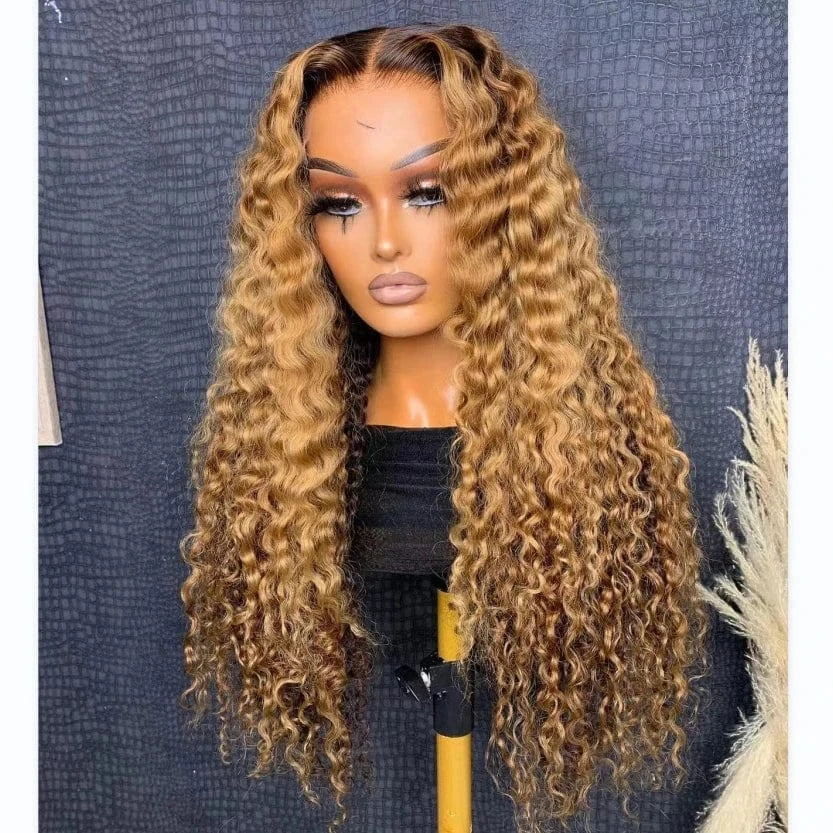 26 Inches / Color 2 13x4 Highlight Curly Human Hair Wigs Glueless Honey Blonde Transparent HD Lace Front Wigs Double Drawn Brazilian Hair Wigs 150%