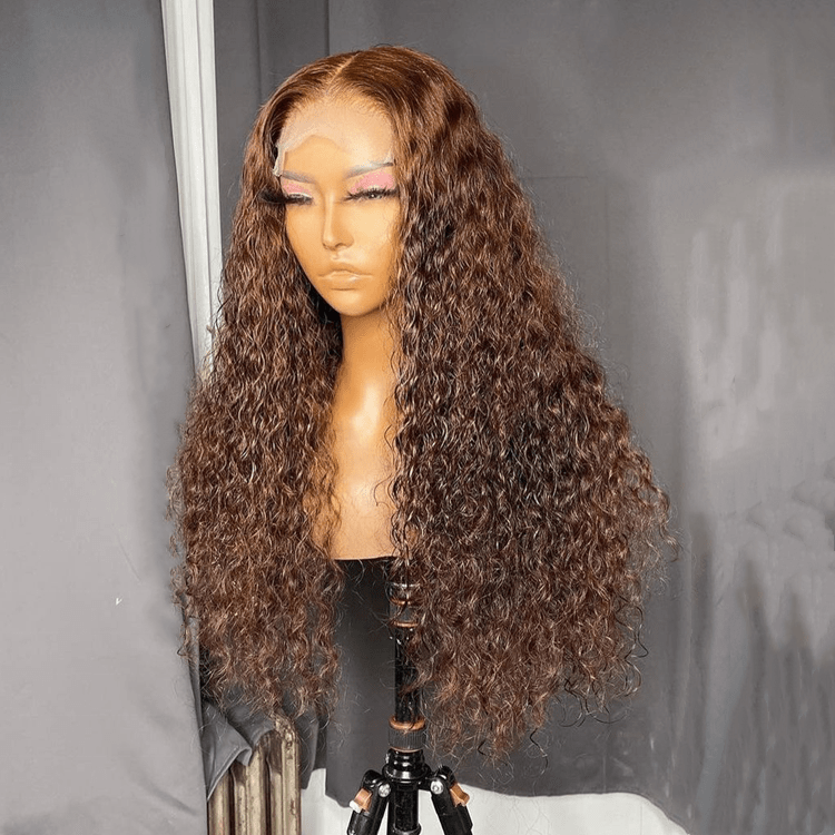 26 Inches / Color 8 Bleached Knots Wet Curly Brown Highlight Color Full Cuticle Aligned Human Hair HD Lace Front Wigs With Baby Hair