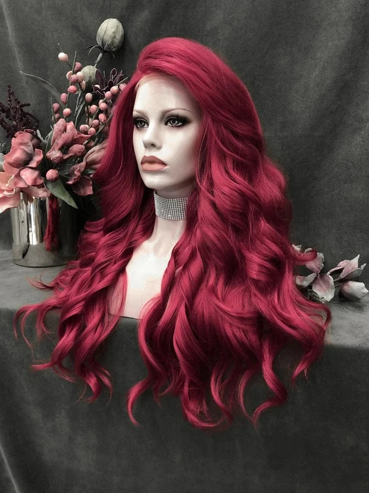 26 Inches / N15-3100-raise-GL Celebrity 26inch long style RED color body wave synthetic hair wigs Matte Heat Resistant Fiber Same Human Hair Lace Front Wig