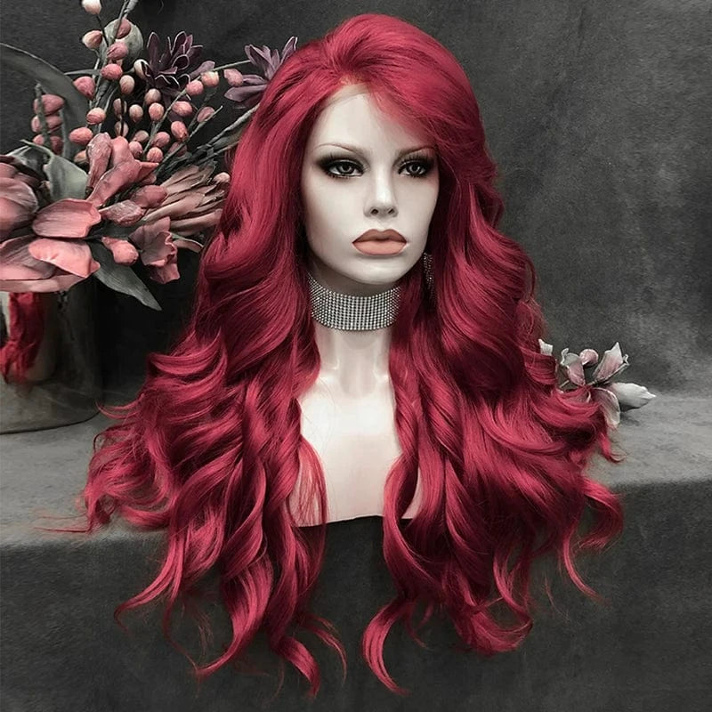 26 Inches / N15-3100-raise-GL Celebrity 26inch long style RED color body wave synthetic hair wigs Matte Heat Resistant Fiber Same Human Hair Lace Front Wig