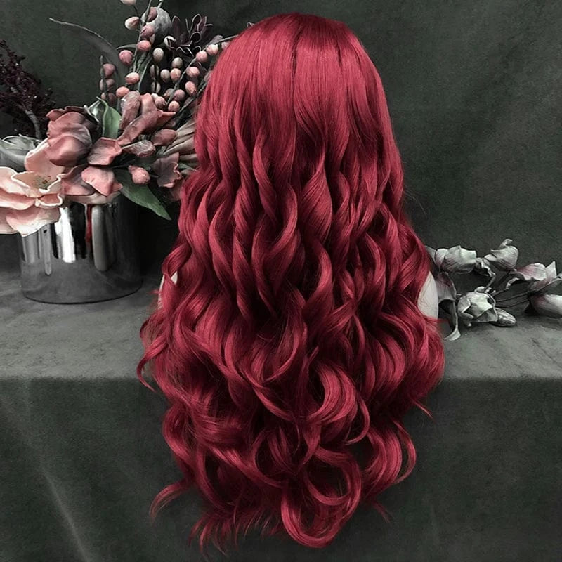 26 Inches / N15-3100-raise-GL Celebrity 26inch long style RED color body wave synthetic hair wigs Matte Heat Resistant Fiber Same Human Hair Lace Front Wig