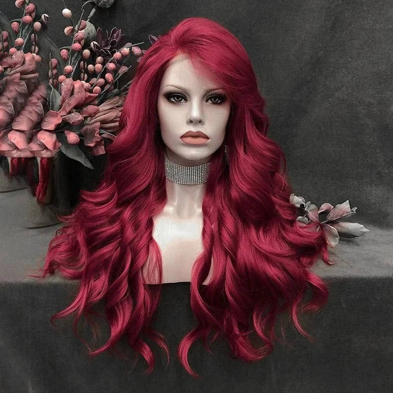26 Inches / N15-3100-raise-GL Celebrity 26inch long style RED color body wave synthetic hair wigs Matte Heat Resistant Fiber Same Human Hair Lace Front Wig