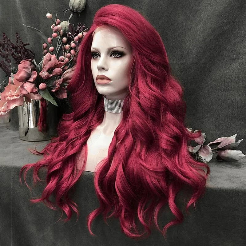 26 Inches / N15-3100-raise-GL Celebrity 26inch long style RED color body wave synthetic hair wigs Matte Heat Resistant Fiber Same Human Hair Lace Front Wig