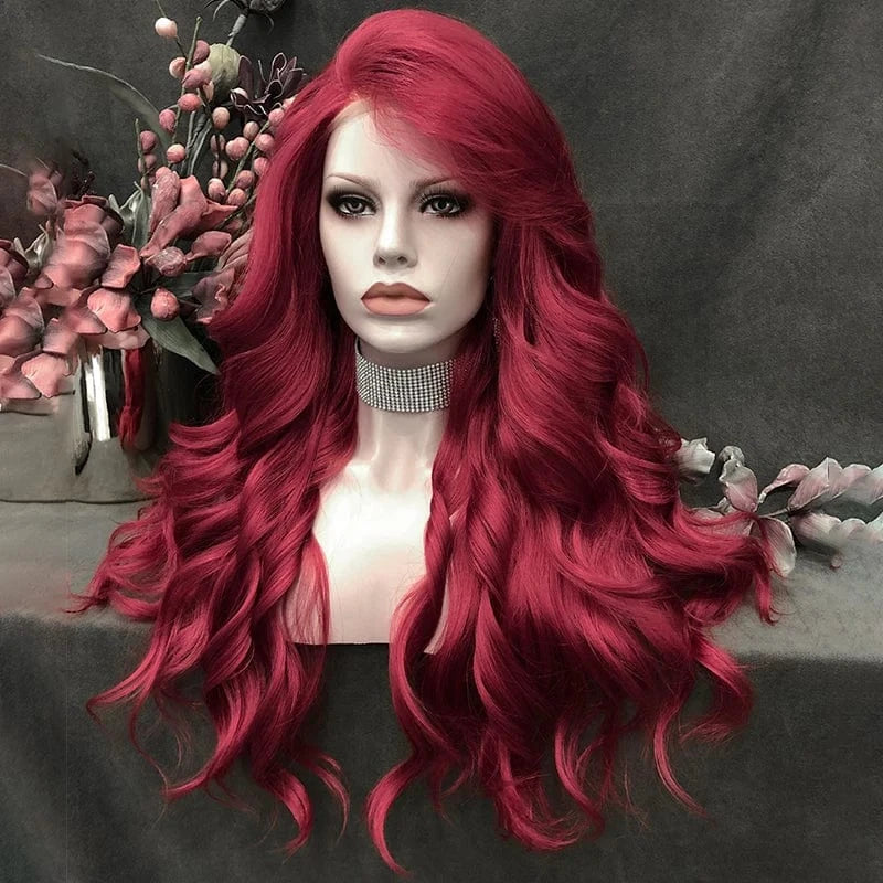 26 Inches / N15-3100-raise-GL Celebrity 26inch long style RED color body wave synthetic hair wigs Matte Heat Resistant Fiber Same Human Hair Lace Front Wig