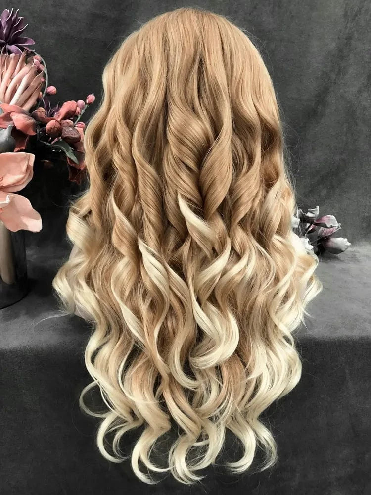 26 Inches / N15-C105-GL Celebrity long style natural BROWN body wave synthetic hair wigs Matte Heat Resistant Fiber Same Human Hair Lace Front Wig