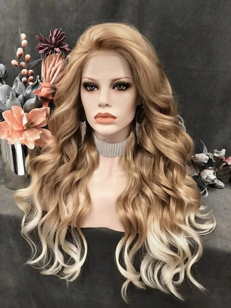 26 Inches / N15-C105-GL Celebrity long style natural BROWN body wave synthetic hair wigs Matte Heat Resistant Fiber Same Human Hair Lace Front Wig