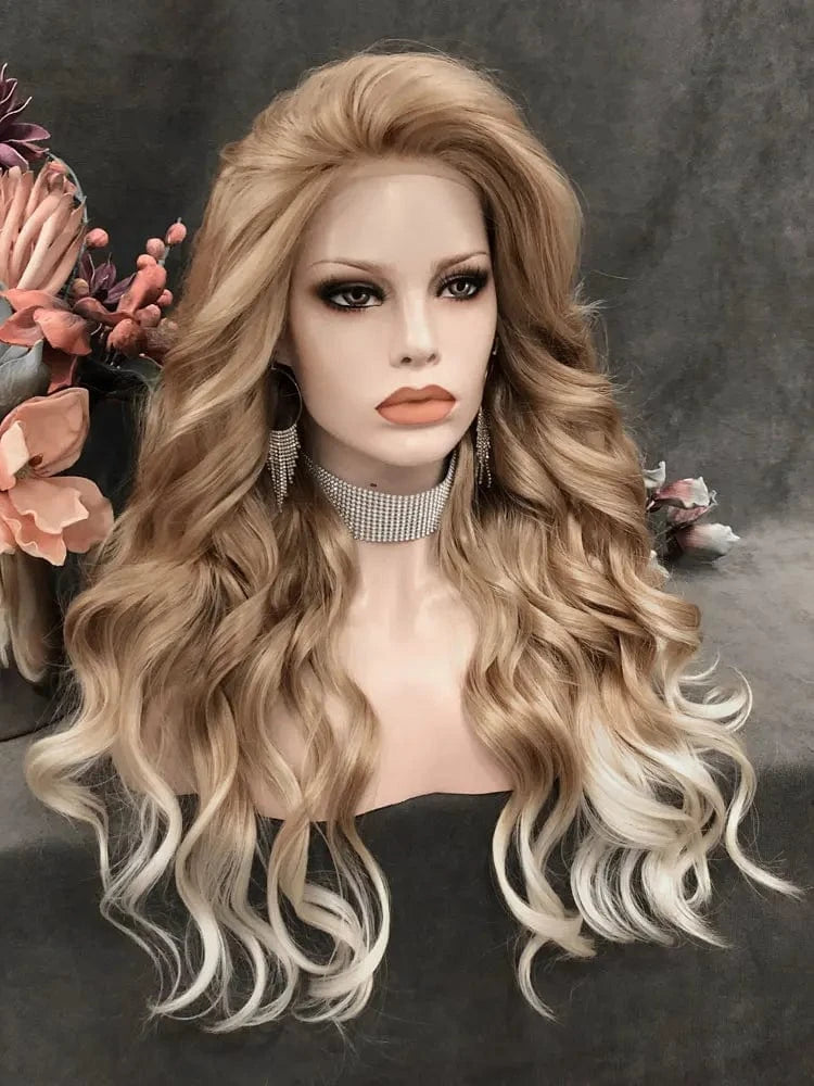 26 Inches / N15-C105-GL Celebrity long style natural BROWN body wave synthetic hair wigs Matte Heat Resistant Fiber Same Human Hair Lace Front Wig