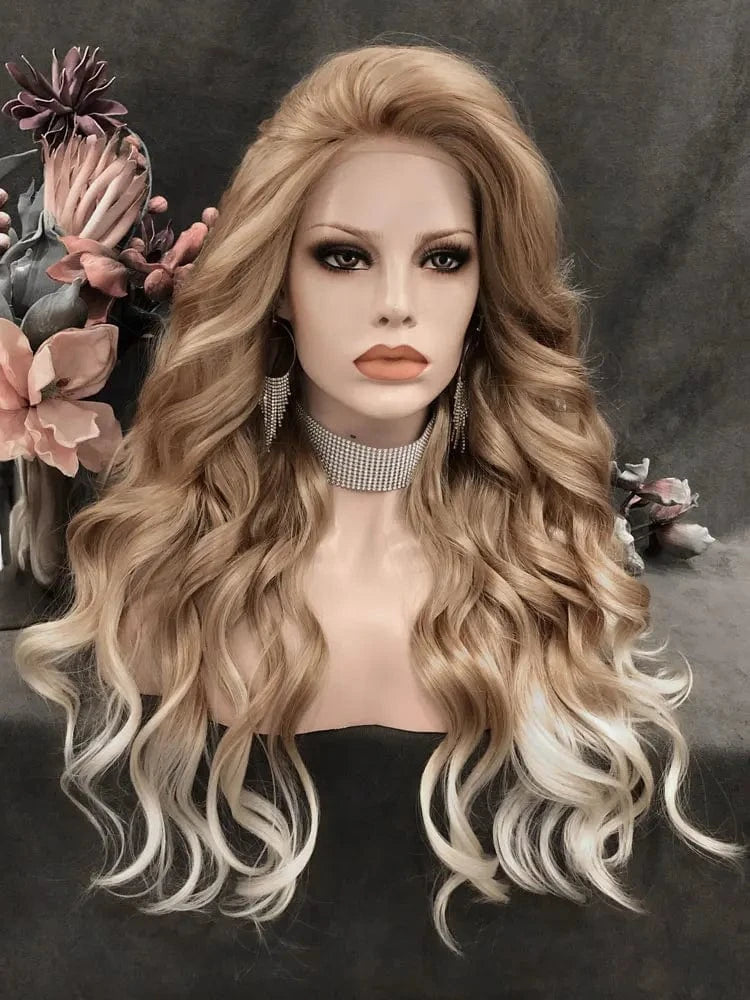 26 Inches / N15-C105-GL Celebrity long style natural BROWN body wave synthetic hair wigs Matte Heat Resistant Fiber Same Human Hair Lace Front Wig