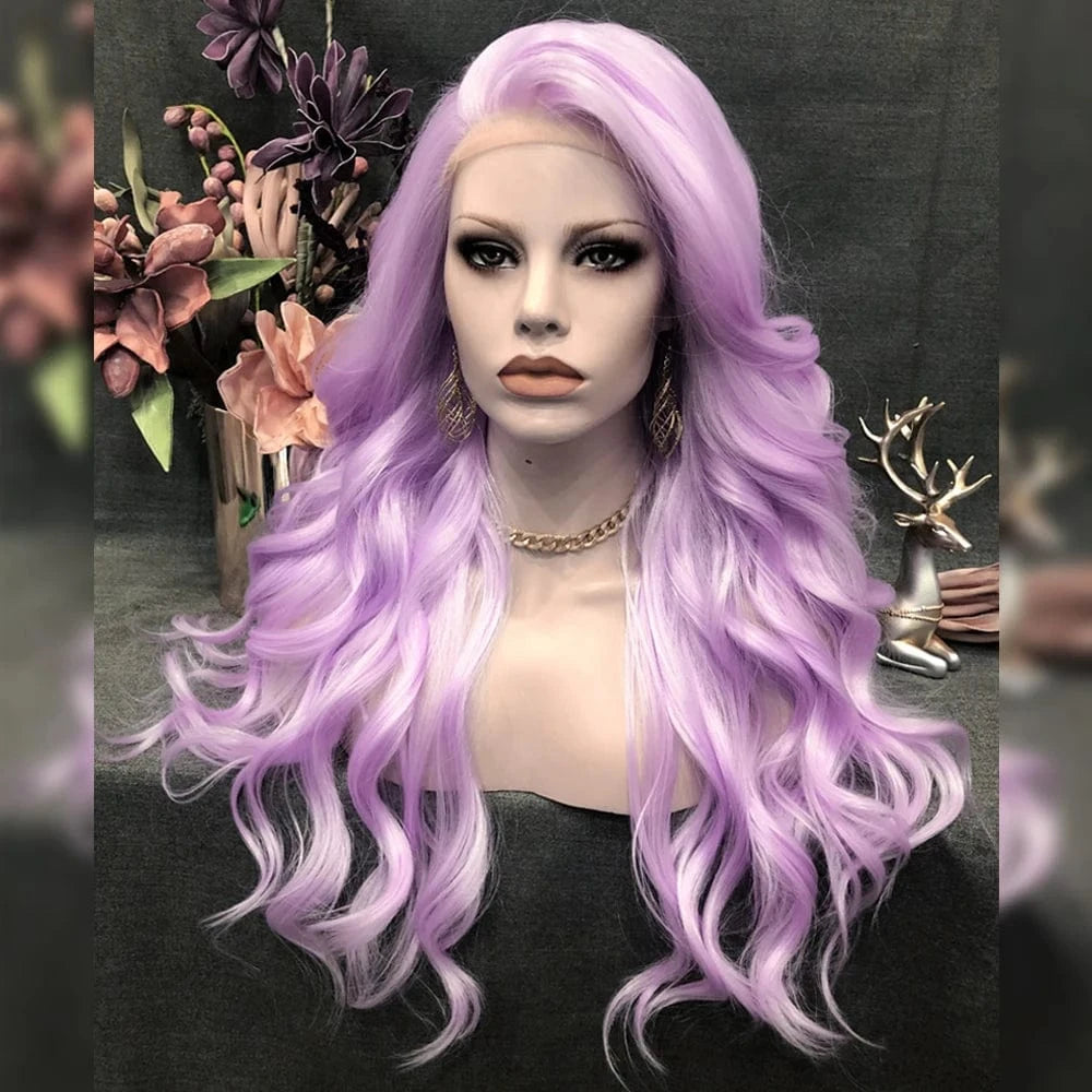 26 Inches / N15-TF2403-GL Celebrity long style purple color synthetic hair wigs Matte Heat Resistant Fiber Same Human Hair Lace Front Wig