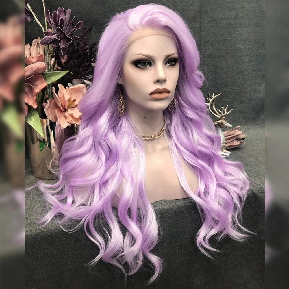 26 Inches / N15-TF2403-GL Celebrity long style purple color synthetic hair wigs Matte Heat Resistant Fiber Same Human Hair Lace Front Wig