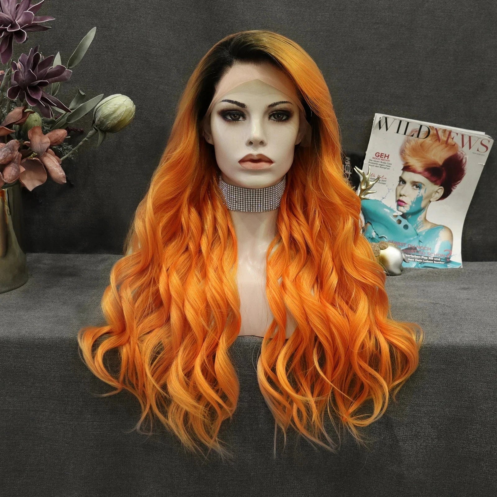 26 Inches / N31-T1/3200/2316-GL Celebrity Wig ombre  orange Curly Daily life Wearing futura Henlon fiber  Lace front cheap synthetic Wigs