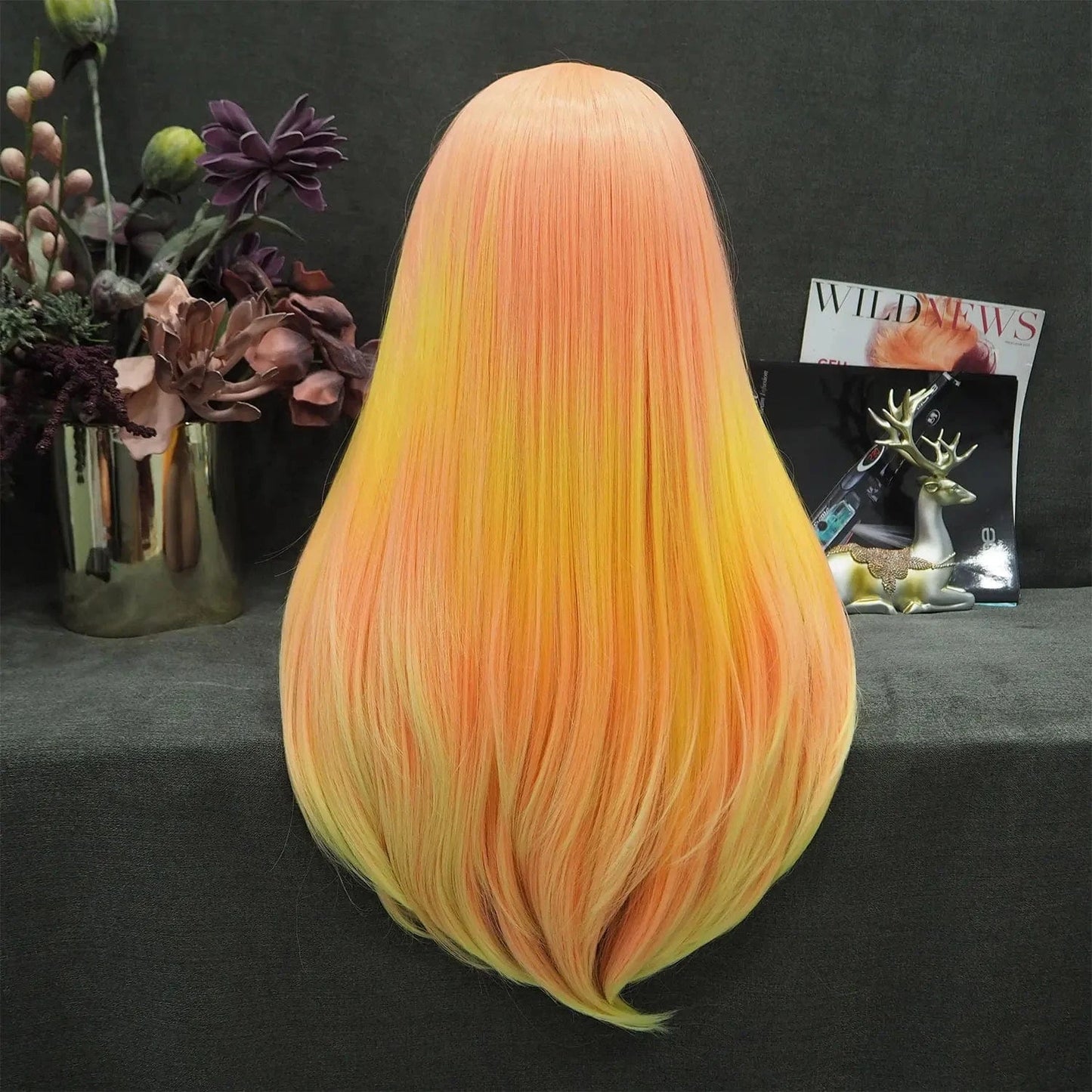 26 Inches / NH7-C199-GL Wholesale Heat Resistant straight orange yellow Futura Matte Fiber Cosplay Luxury Synthetic Lace Front Wig For Women Grag Wigs
