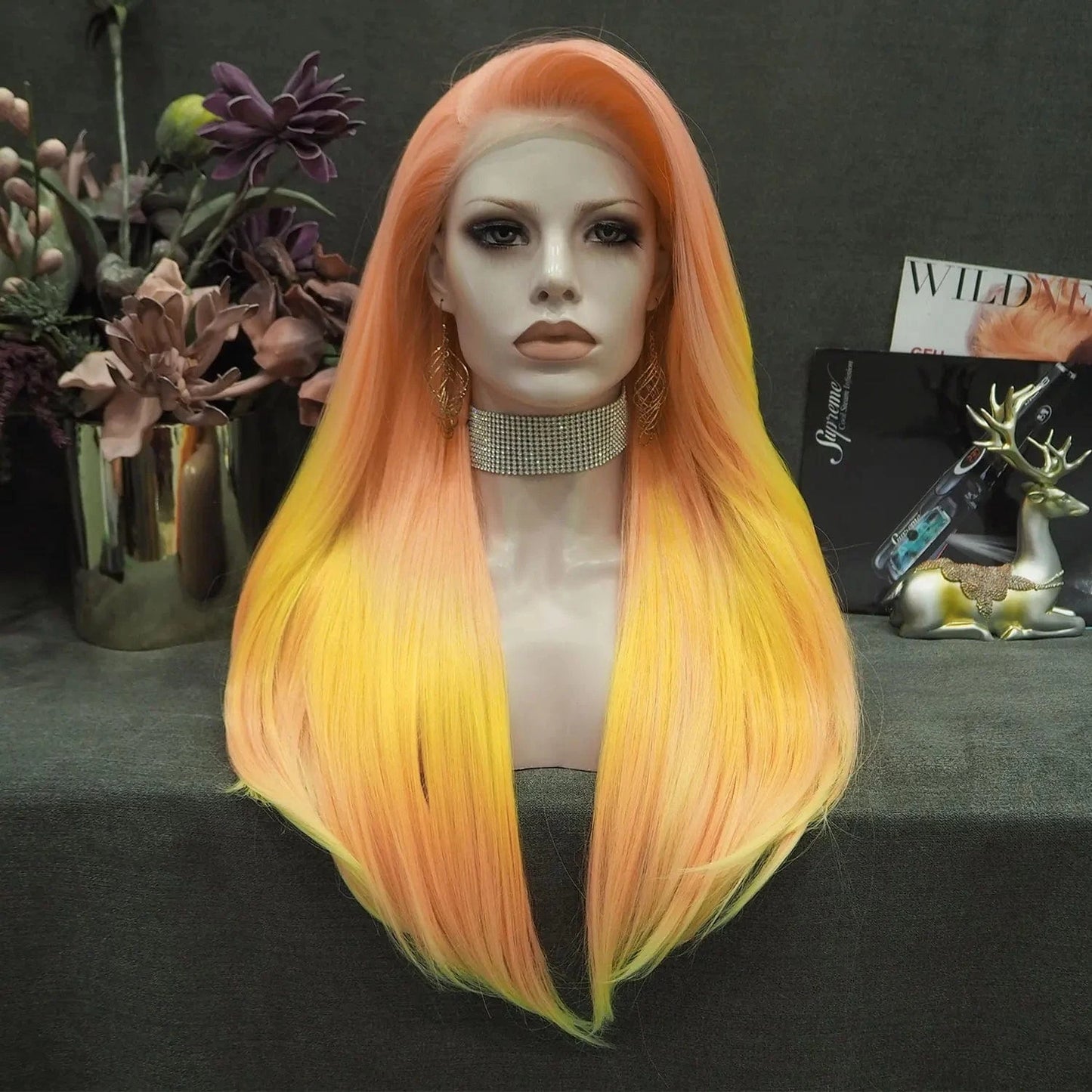 26 Inches / NH7-C199-GL Wholesale Heat Resistant straight orange yellow Futura Matte Fiber Cosplay Luxury Synthetic Lace Front Wig For Women Grag Wigs