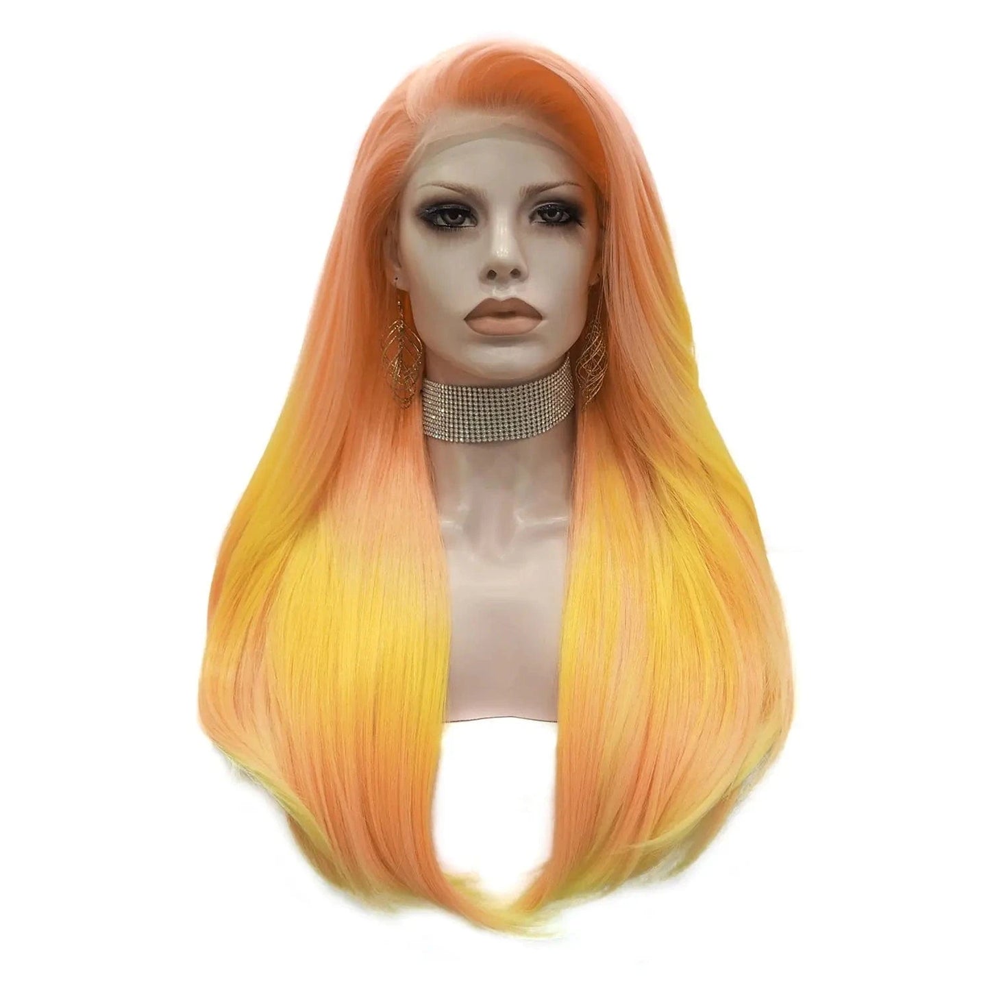 26 Inches / NH7-C199-GL Wholesale Heat Resistant straight orange yellow Futura Matte Fiber Cosplay Luxury Synthetic Lace Front Wig For Women Grag Wigs