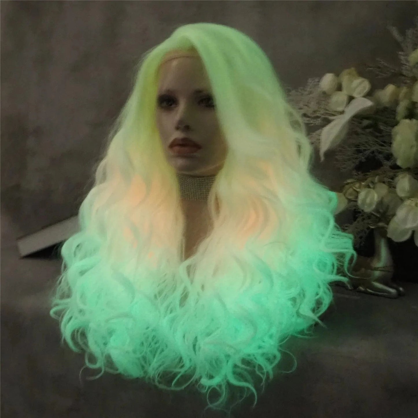 26 Inches / Noctilucent06-C208-GL Celebrity Wholesale curls Natural Wavy Long Heat Resistant Synthetic hair Wigs for Women glow in the dark wig