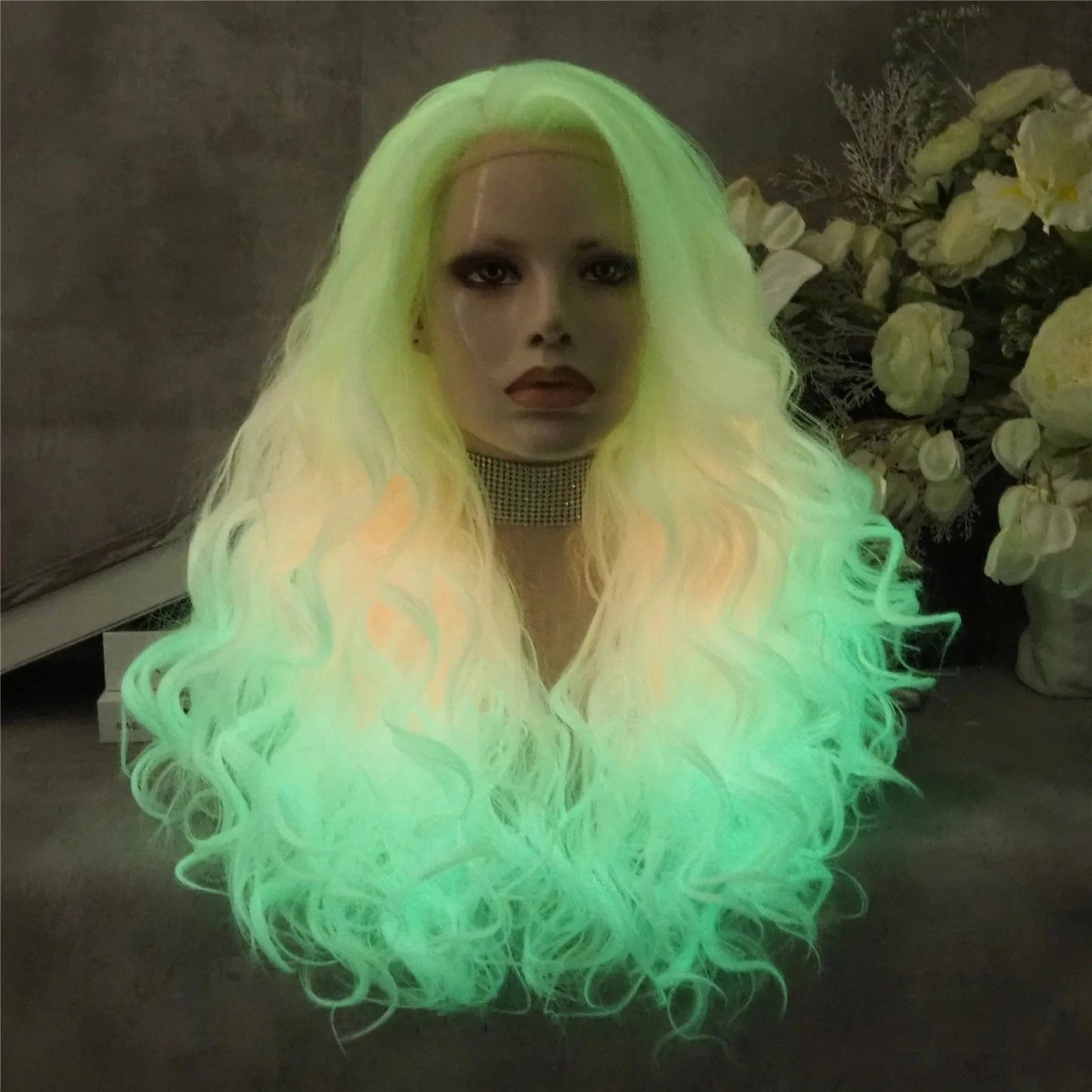 26 Inches / Noctilucent06-C208-GL Celebrity Wholesale curls Natural Wavy Long Heat Resistant Synthetic hair Wigs for Women glow in the dark wig