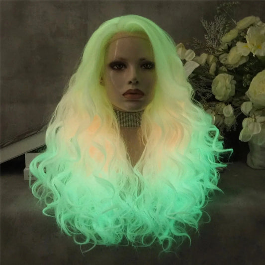 26 Inches / Noctilucent06-C208-GL Celebrity Wholesale curls  Natural Wavy Long Heat Resistant Synthetic hair Wigs for Women glow in the dark wig